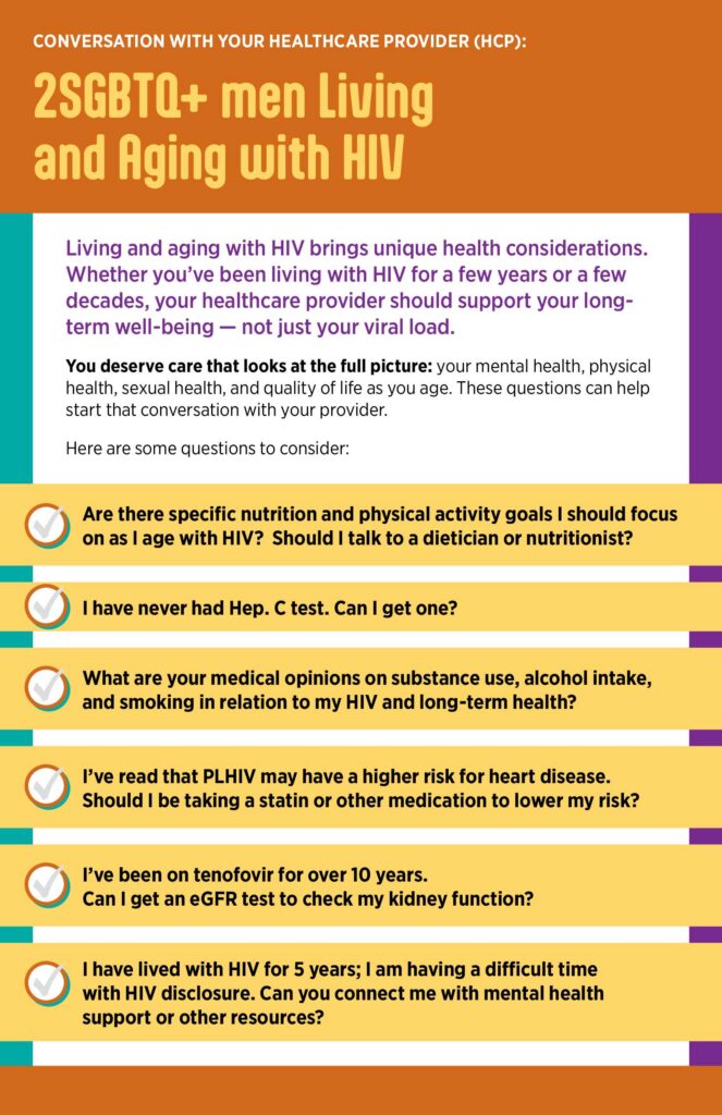 Liste de contrôle pour les prestataires de soins de santé : Hommes 2EGBTQ+ vivant et vieillissant avec le VIH